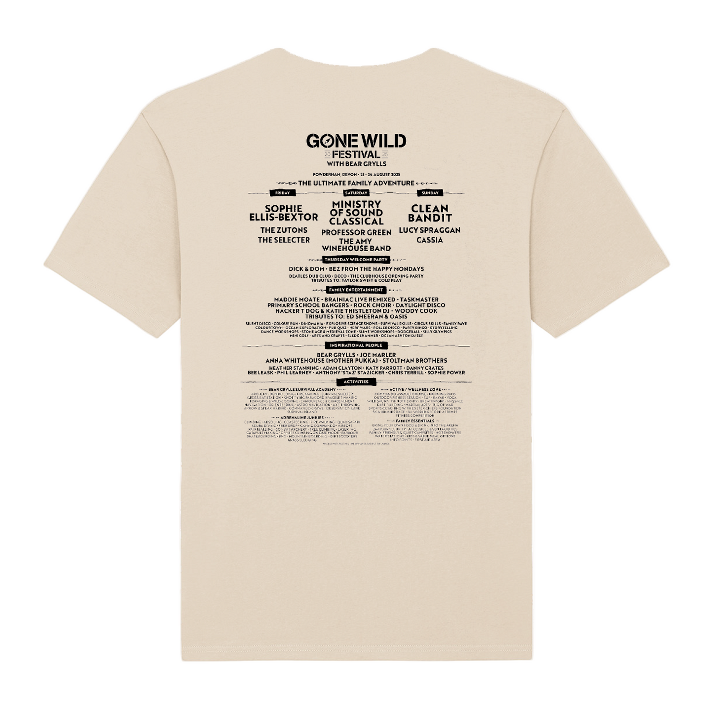 The Gone Wild 2025 Devon Line Up T-shirt Natural by 2025 features a festival poster-style back print in black, listing event info and the names of performers, speakers, and activities in various fonts.