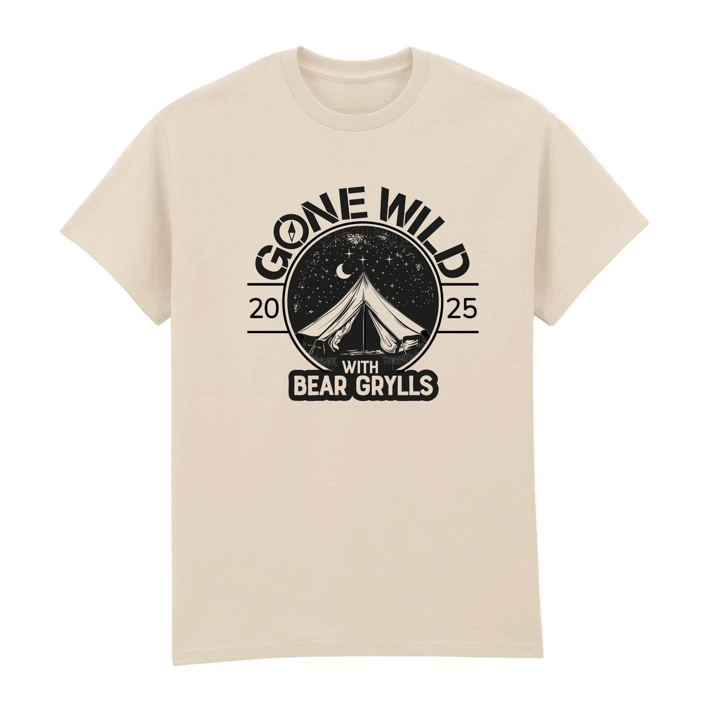 Natural t-shirt from 2025, featuring the Gone Wild 2025 Devon line-up graphic of a tent under a starry sky and crescent moon with bold “Gone Wild 2025 with Bear Grylls” text.