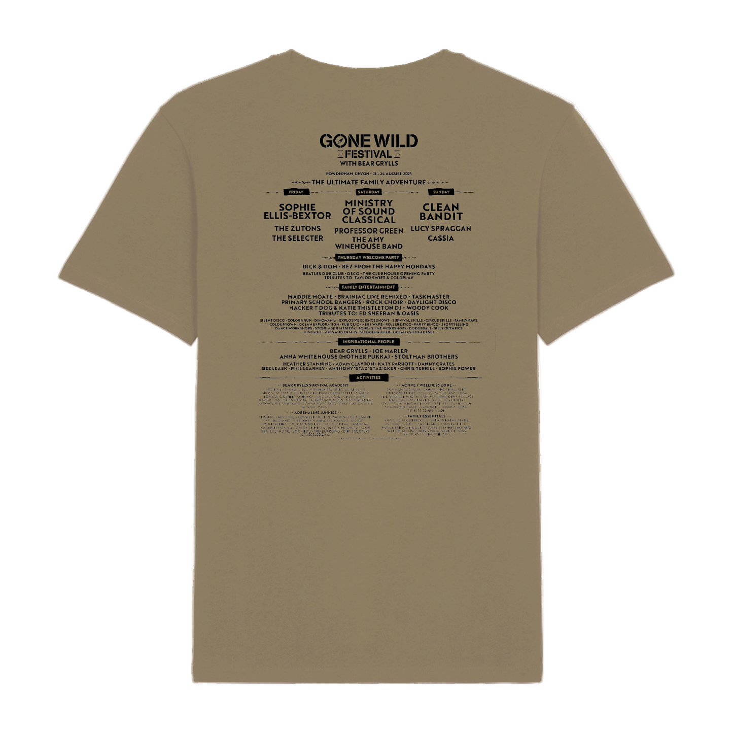 The Gone Wild Devon 2025 T-Shirt Khaki by 2025 features the festival logo on the front and a centered list of artists, speakers, and highlights in black text on the back.