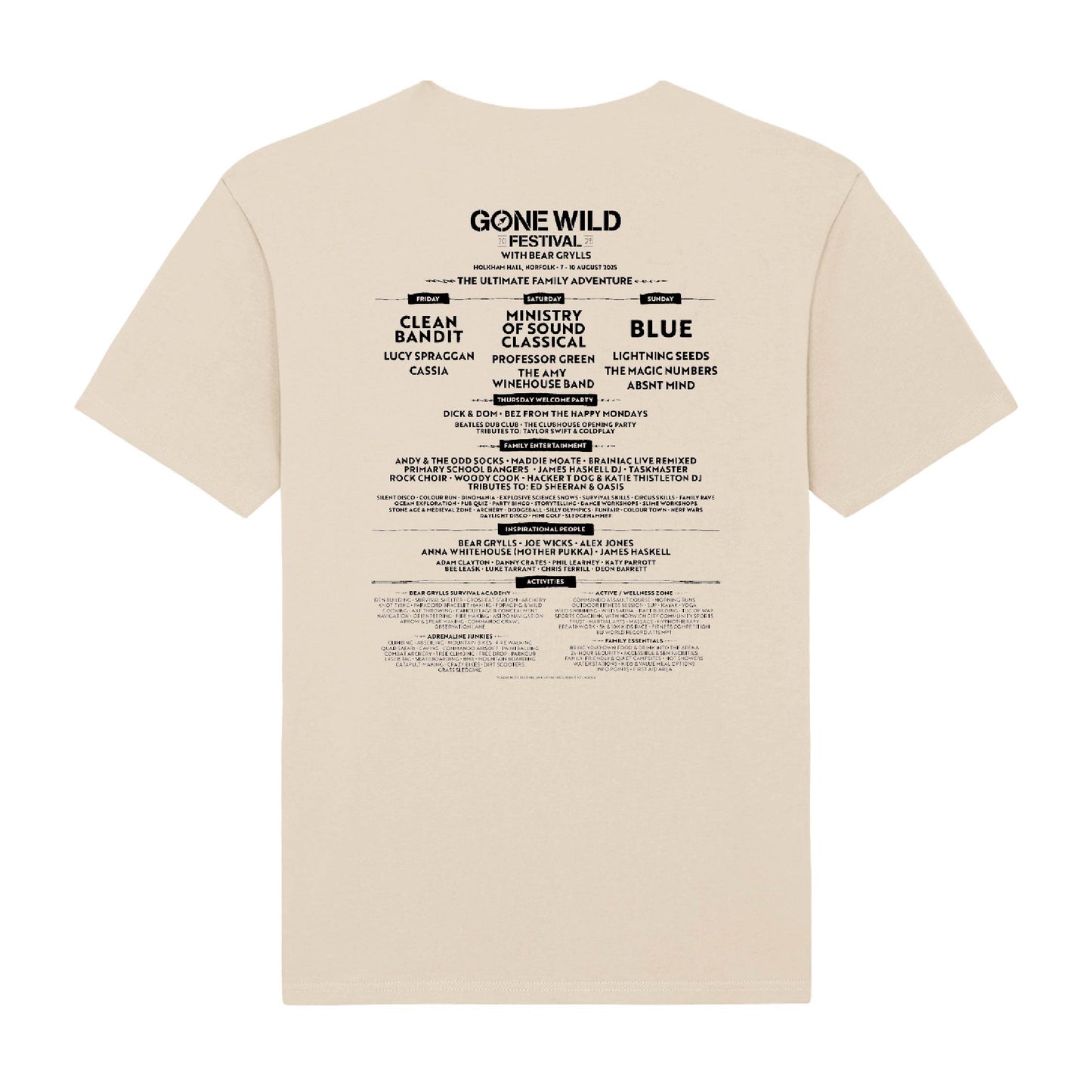 The Gone Wild Festival 2025 Norfolk Line Up T-shirt by 2025 features a natural color with black text on the back listing acts, activities, and headliners from the event in assorted font sizes.