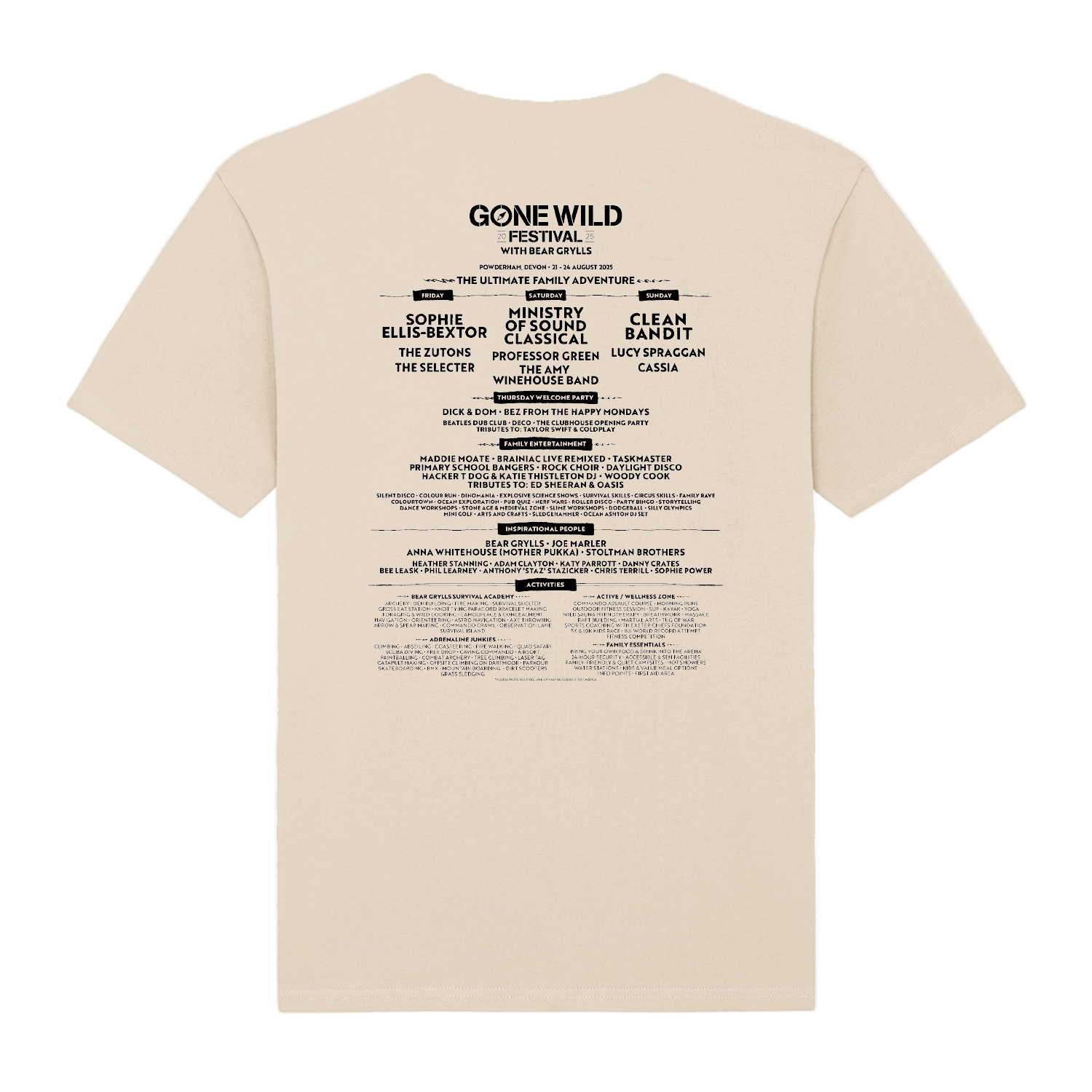 The Gone Wild 2025 Devon Line Up T-shirt Natural by 2025 features a festival poster-style back print in black, listing event info and the names of performers, speakers, and activities in various fonts.
