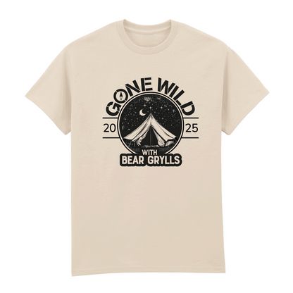 Natural t-shirt from 2025, featuring the Gone Wild 2025 Devon line-up graphic of a tent under a starry sky and crescent moon with bold “Gone Wild 2025 with Bear Grylls” text.