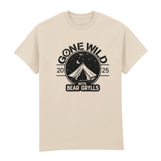 Natural t-shirt from 2025, featuring the Gone Wild 2025 Devon line-up graphic of a tent under a starry sky and crescent moon with bold “Gone Wild 2025 with Bear Grylls” text.