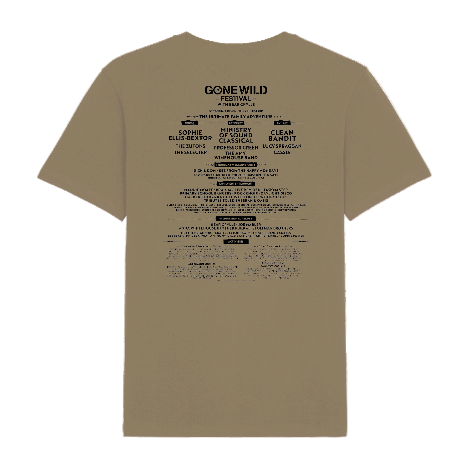 The Gone Wild Devon 2025 T-Shirt Khaki by 2025 features the festival logo on the front and a centered list of artists, speakers, and highlights in black text on the back.