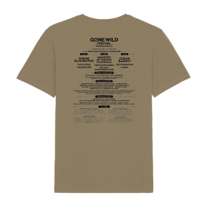 The Gone Wild Devon 2025 T-Shirt Khaki by 2025 features the festival logo on the front and a centered list of artists, speakers, and highlights in black text on the back.