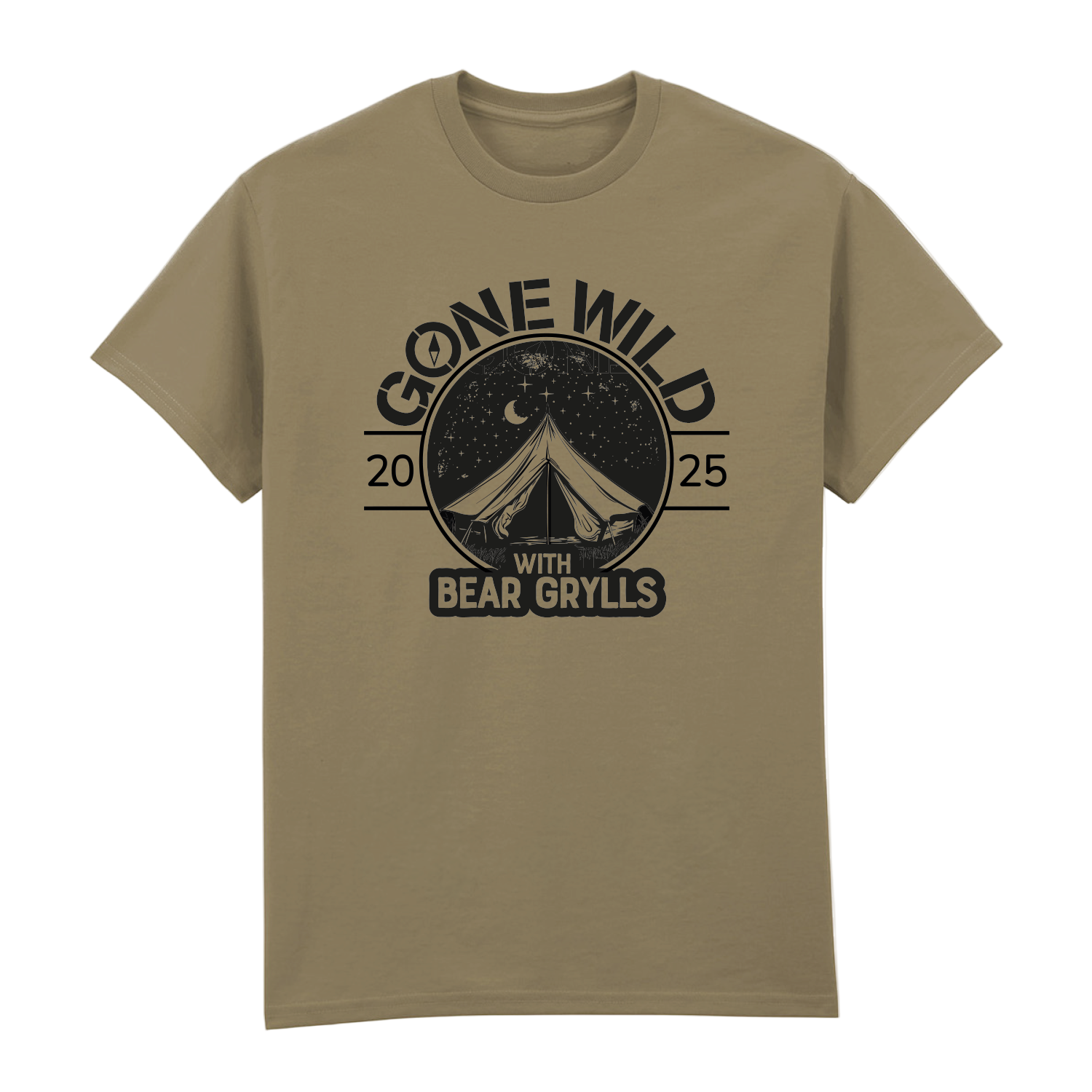 The Gone Wild Devon 2025 T-Shirt in khaki by 2025 features a tent, trees, night sky with moon and stars, and “Gone Wild 2025 with Bear Grylls” text.