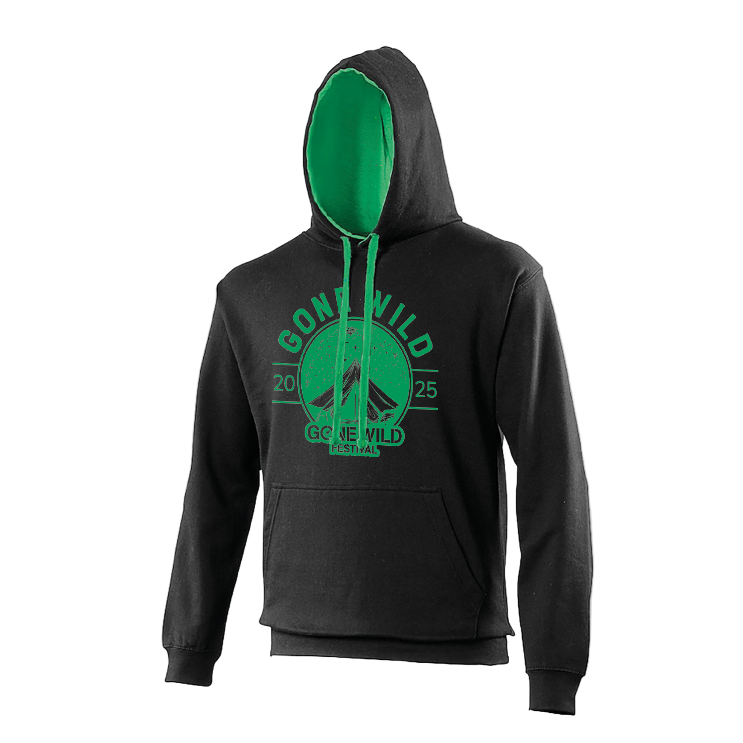 The Gone Wild 2025 Adult Hoodie by 2025 features a black design with green hood lining and drawstrings, tent chest graphic with festival name in green, front pocket, and a relaxed fit.