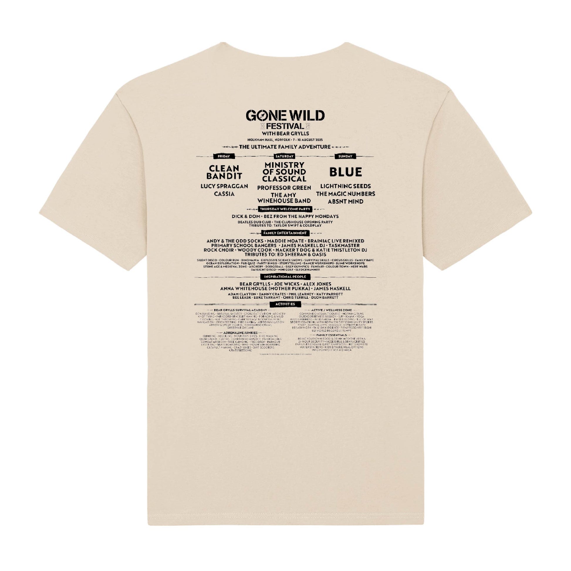 The Gone Wild Festival 2025 Norfolk Line Up T-shirt by 2025 features a natural color with black text on the back listing acts, activities, and headliners from the event in assorted font sizes.