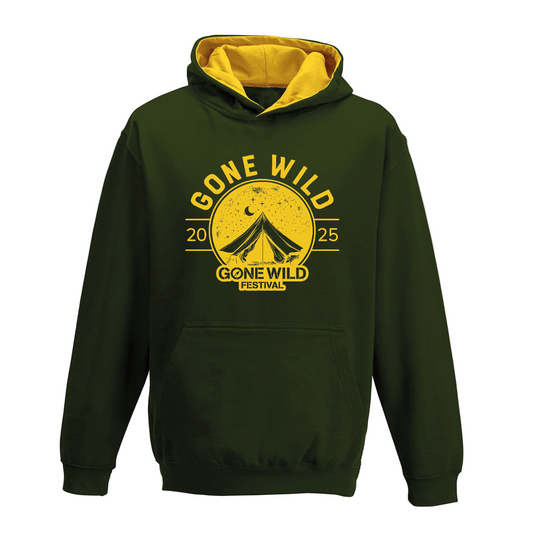 The Gone Wild 2025 Kids Hoodie by 2025 is dark green with a yellow hood lining, front pocket, and features a circular yellow Gone Wild Festival 2025 logo with tent, trees, and stars on the front.