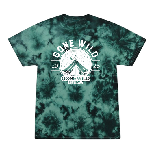 Kids 2025 Tie Dye T-Shirt by Gone Wild Festival Merch features green and black tie-dye with a white Gone Wild 2025 Festival print, plus tent, trees, crescent moon, and stars graphic on the front.
