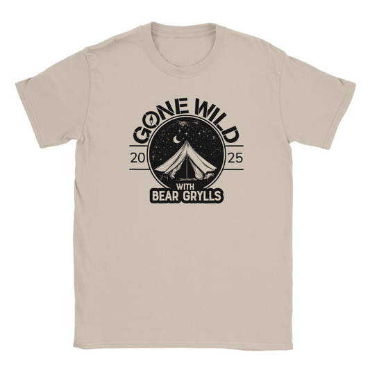 2025 Gone Wild 2025 Norfolk Line Up T-shirt Natural: made-to-order beige tee with tent, starry sky, and moon graphic. Features “Gone Wild 2025” above and “with Bear Grylls” below. Crafted from 100% ring-spun cotton.