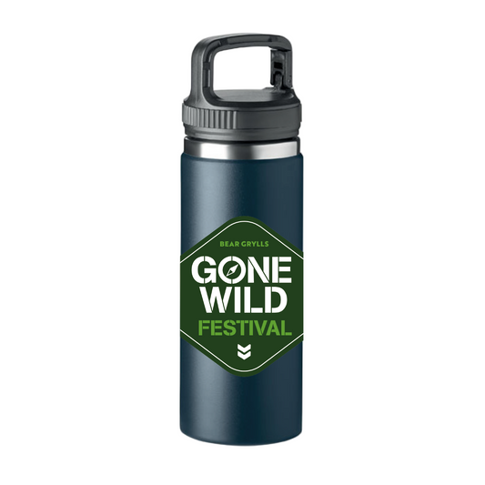 The Gone Wild Festival Water Bottle by 2025 is a dark blue bottle with a black lid and a green hexagonal label displaying Bear Grylls Gone Wild Festival in white and yellow text.